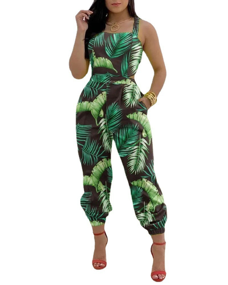 New Open Back Cross Lace Up Bow Print Casual jumpsuit for Women