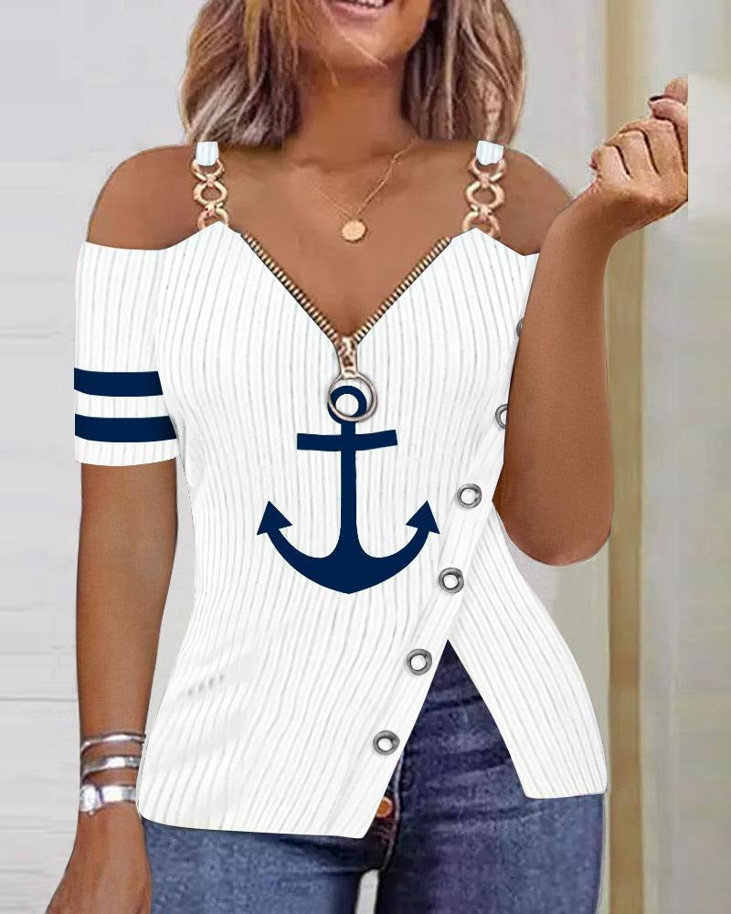 Summer Anchor Graphic Printed Zipper T-shirt