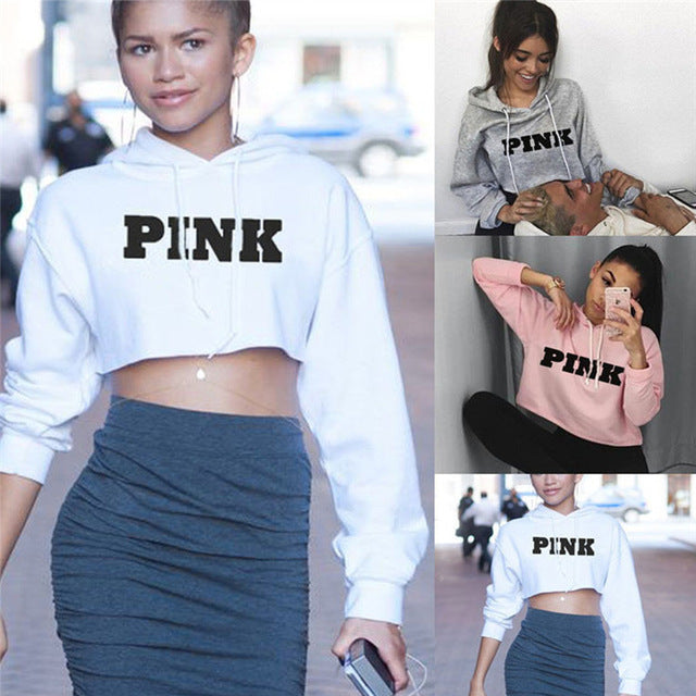 Women's PINK Crop Top Pullover Hoodie