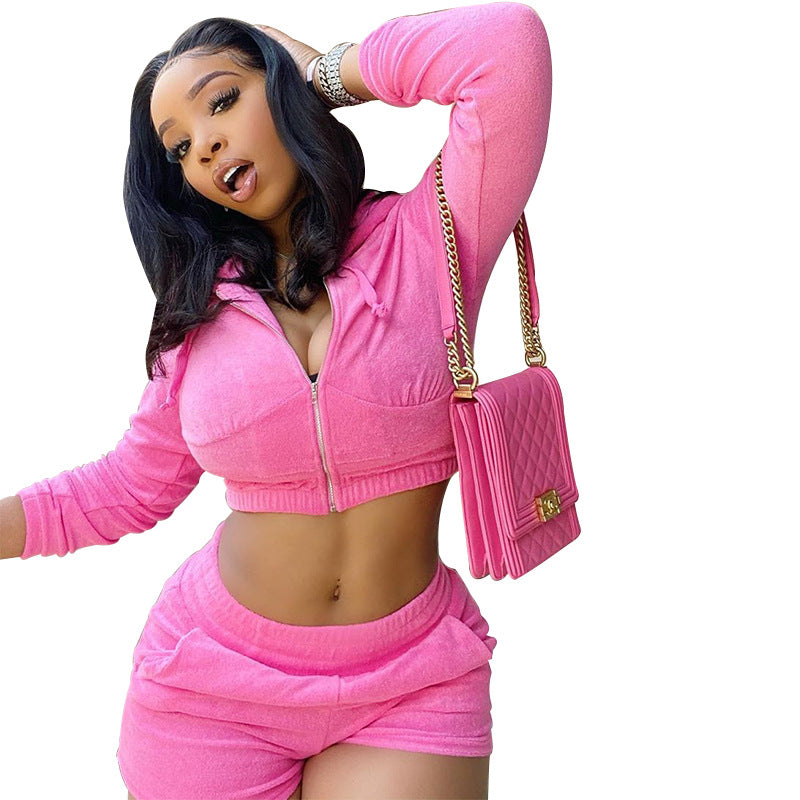 Ladies Two Piece Sweatshirt Hooded Long Sleeve Zip Jacket Set