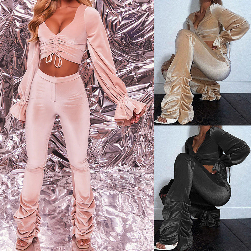 Pleated Micro Flare Women's Two Piece Set