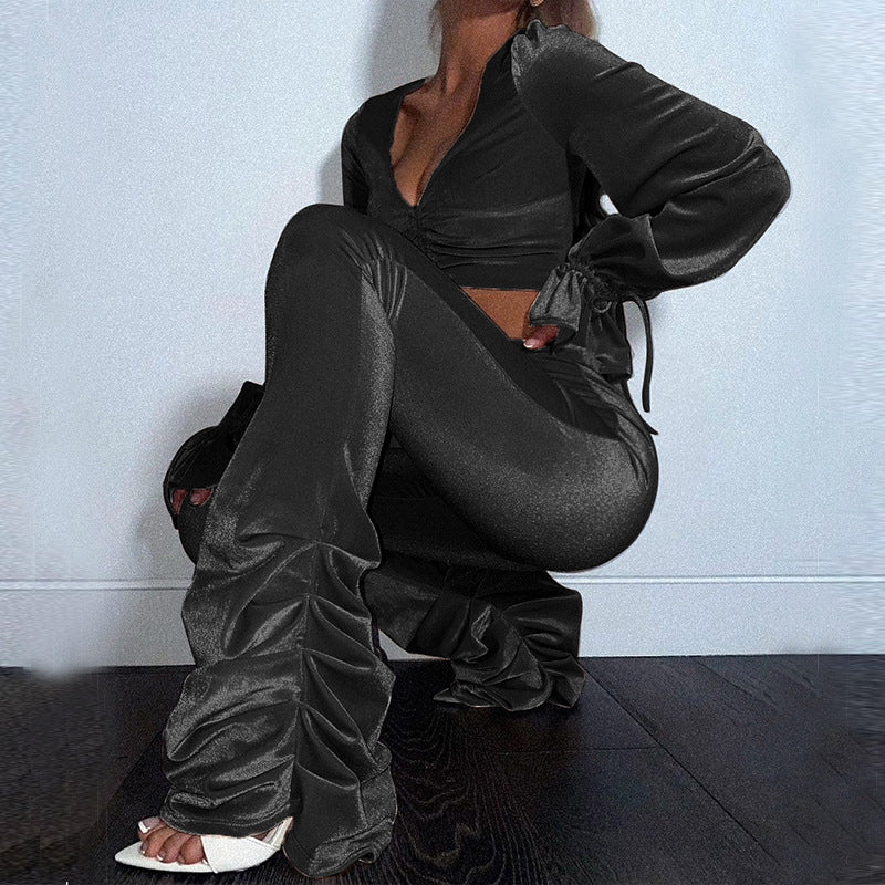 Pleated Micro Flare Women's Two Piece Set