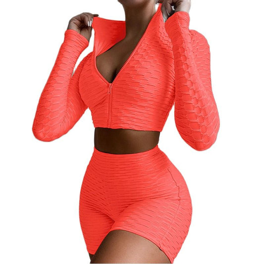 Women's Tight Solid Color Long Sleeve Leisure Sports Suit 2-Piece