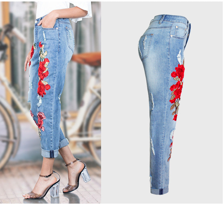 Women's Elastic Loose Rose Ripped Jeans