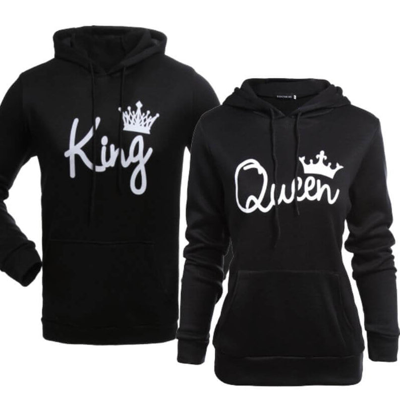 European And American King Queen Print Velvet Padded Hooded Sweatshirt
