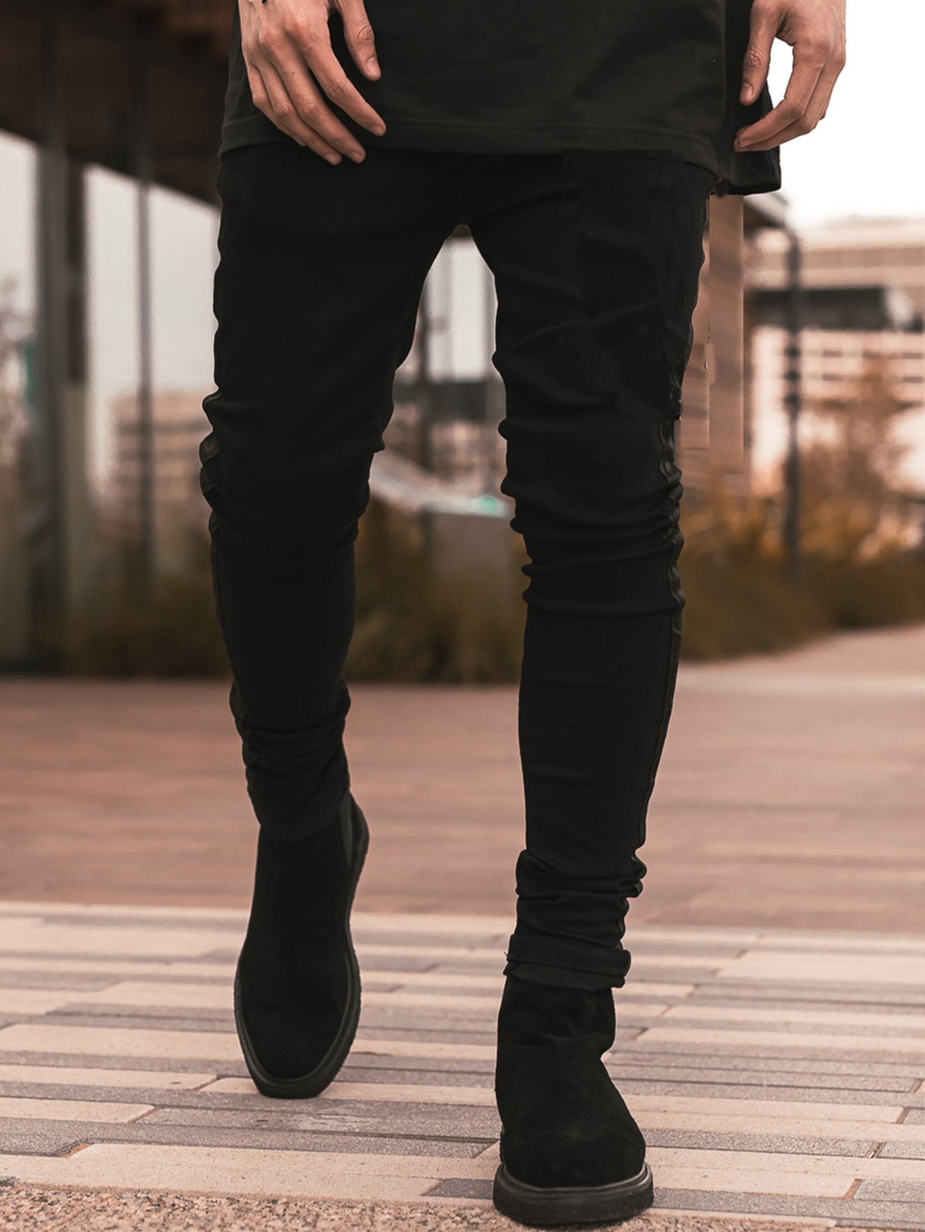 Men's Ripped Black Slim-fit High Waist Denim Trousers