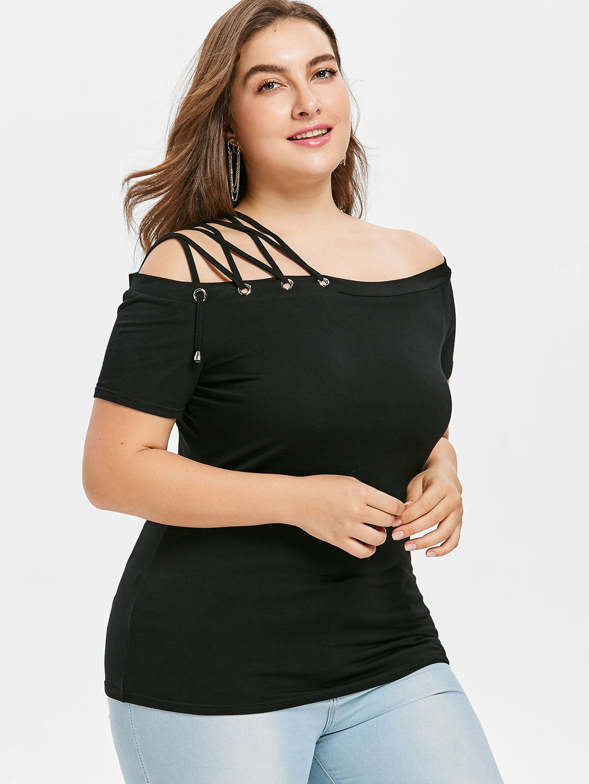 Plus Size Off The Shoulder Strappy Women T-shirt