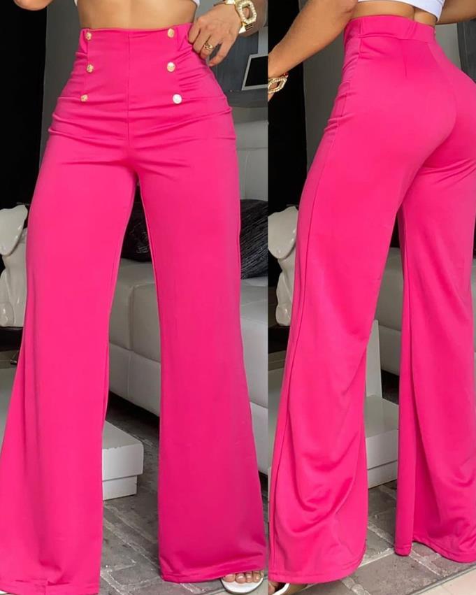 Women's Breasted Decorative Wide Leg Rose Pants