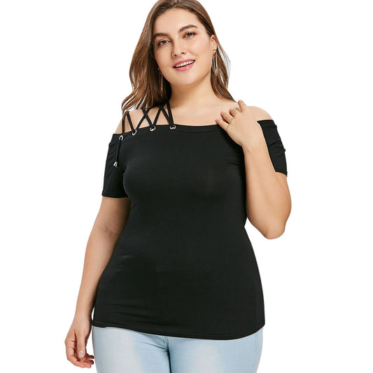 Plus Size Off The Shoulder Strappy Women T-shirt