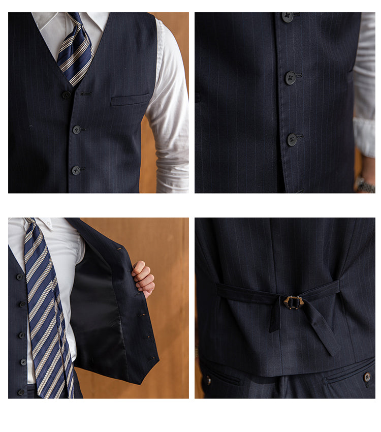 British Wool Striped Vest V-neck Slim Fit Suit