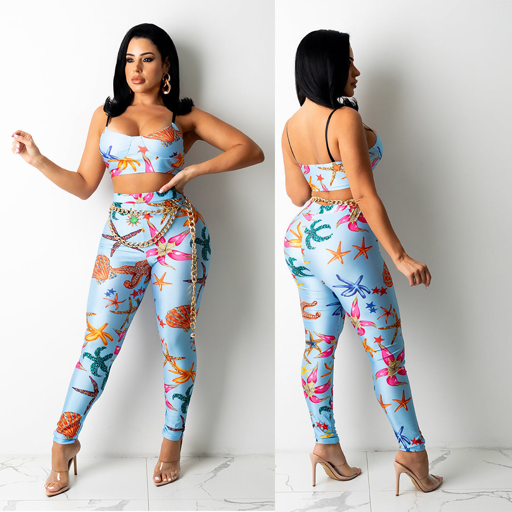 Skinny Print Pants Two-piece Set For Women