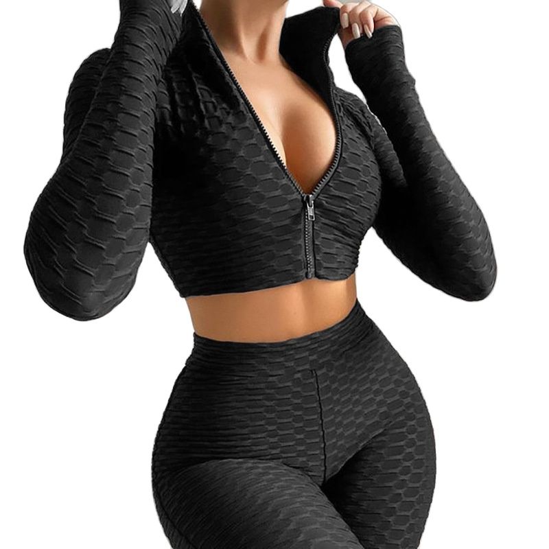 Women's Tight Solid Color Long Sleeve Leisure Sports Suit 2-Piece