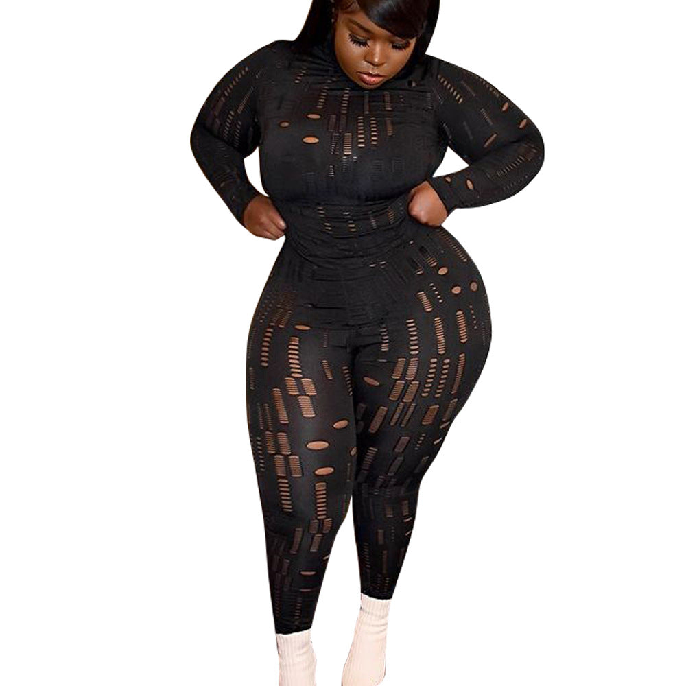 Women's Elastic Ripped High-Neck Long Sleeved Top Pencil Pants Suit