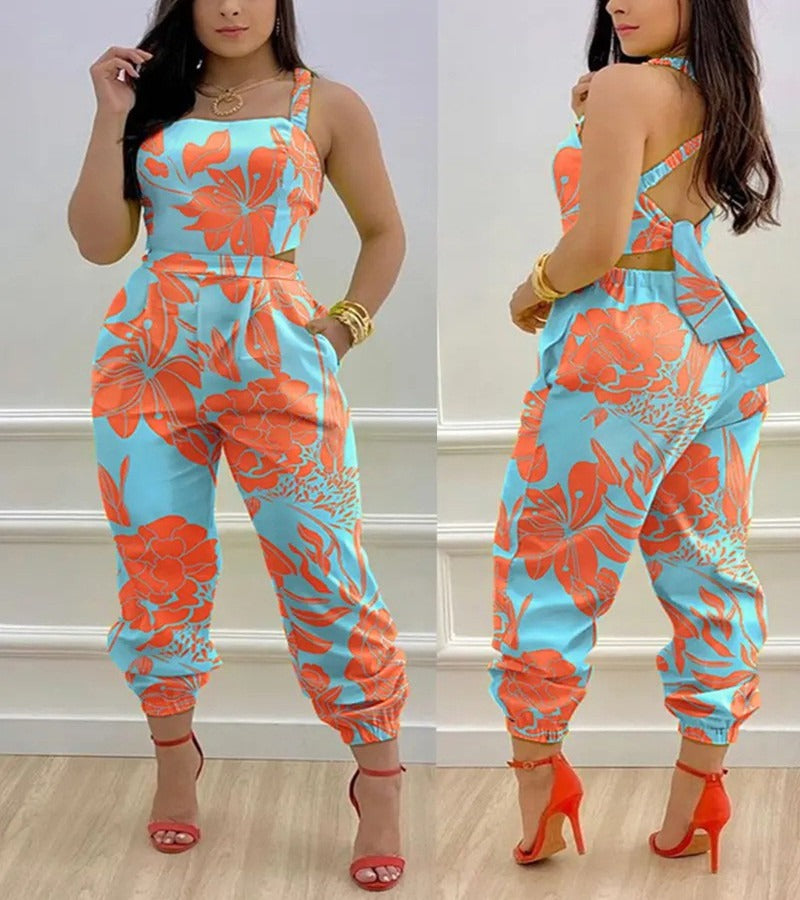 New Open Back Cross Lace Up Bow Print Casual jumpsuit for Women