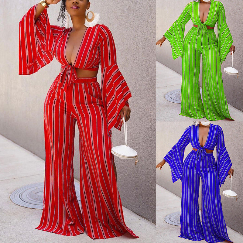 Women's Long Sleeve Sexy Short Top Wide Leg Pants Suit