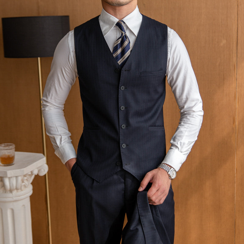 British Wool Striped Vest V-neck Slim Fit Suit