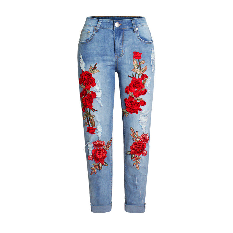 Women's Elastic Loose Rose Ripped Jeans