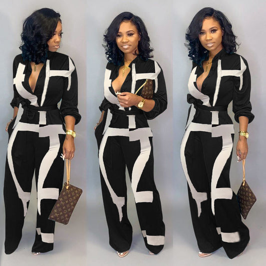 new sexy long sleeved lace up printed jumpsuit women