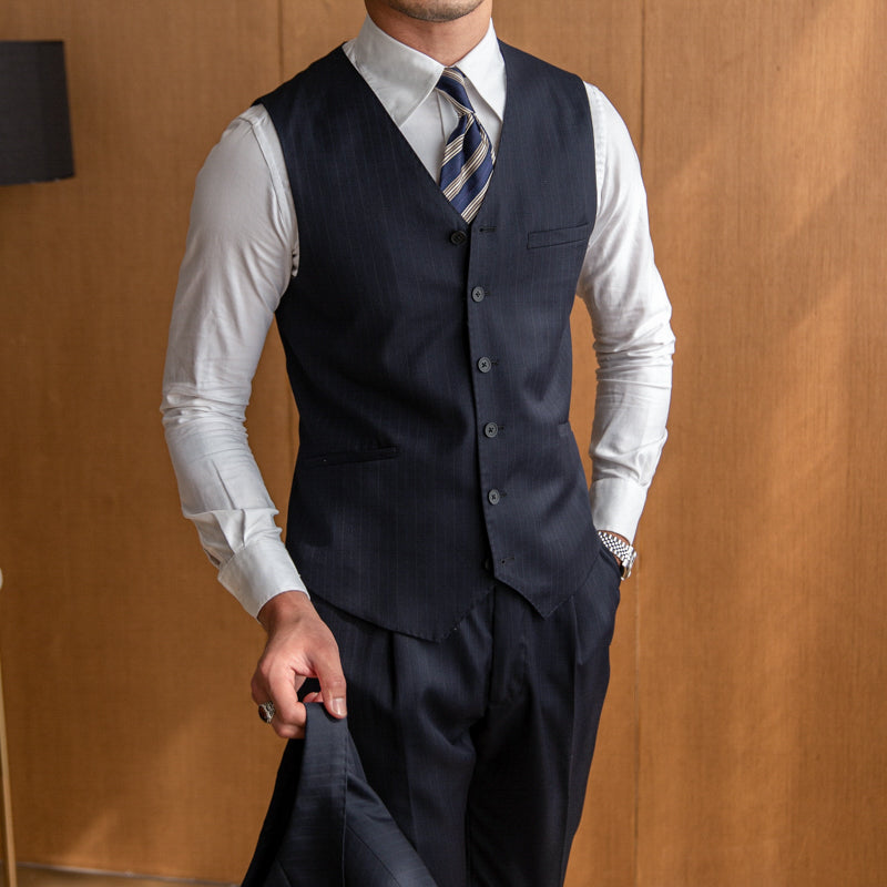 British Wool Striped Vest V-neck Slim Fit Suit