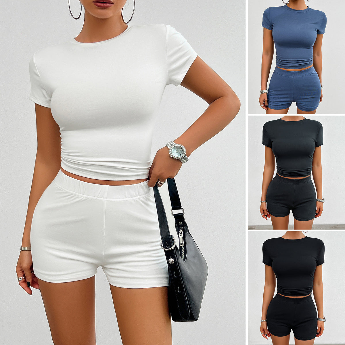 2Pcs Short-sleeved Round Neck T-shirt And Elastic Short