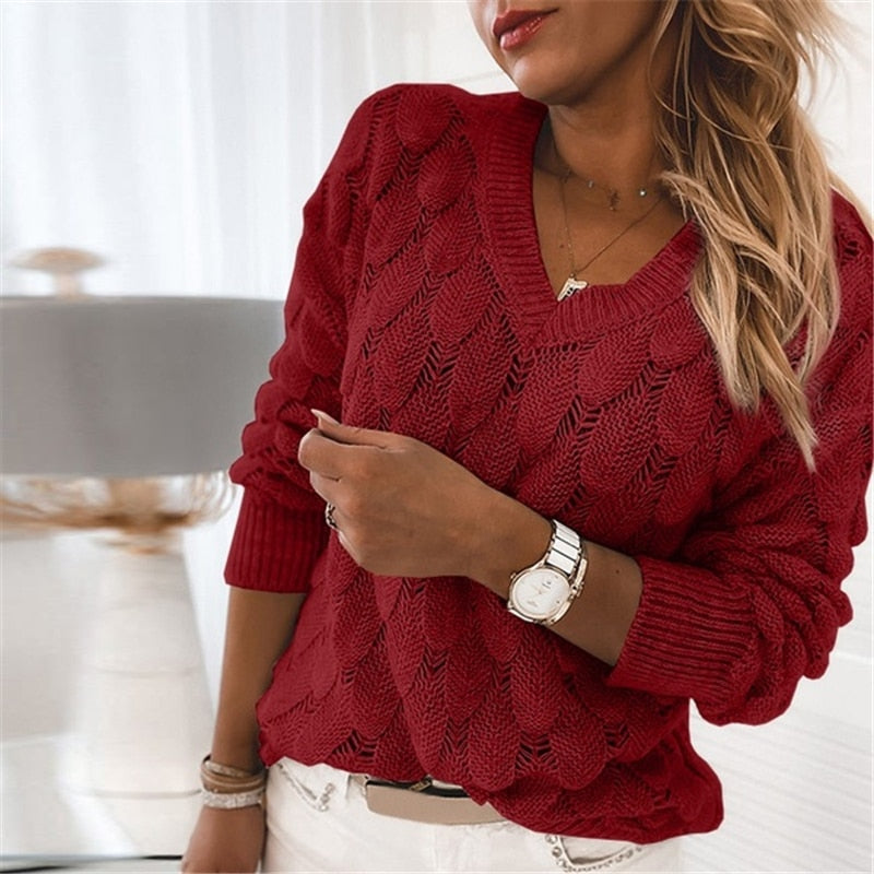 Women's V Neck Knitted Casual Sweater
