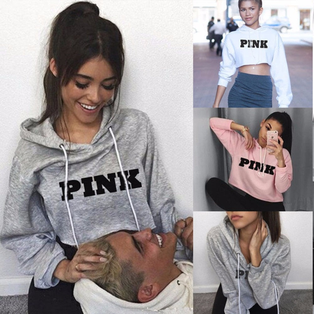 Women's PINK Crop Top Pullover Hoodie