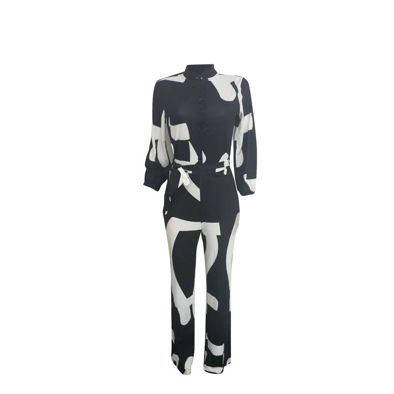 new sexy long sleeved lace up printed jumpsuit women