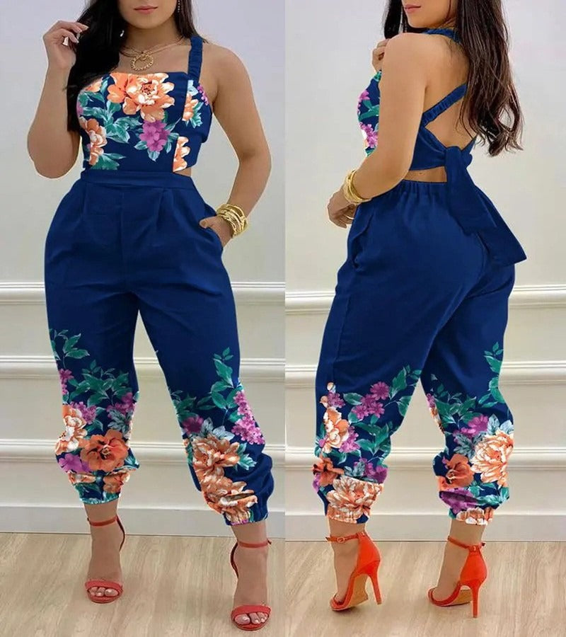 New Open Back Cross Lace Up Bow Print Casual jumpsuit for Women