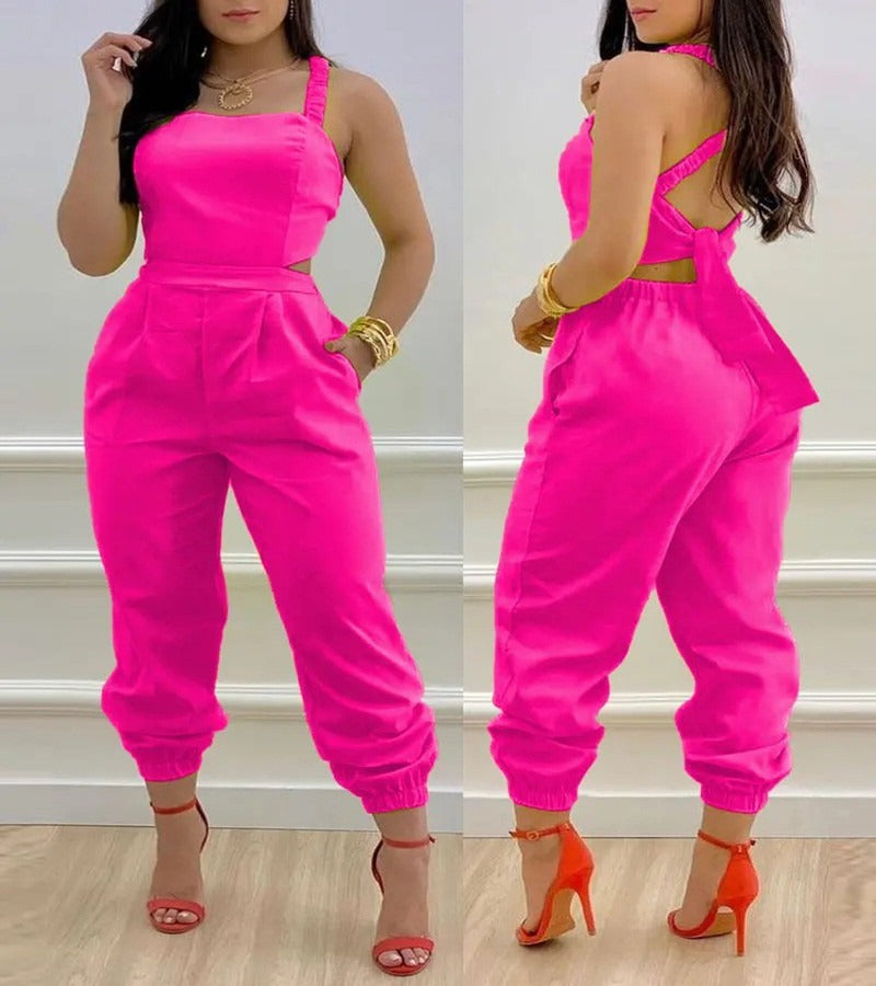 New Open Back Cross Lace Up Bow Print Casual jumpsuit for Women