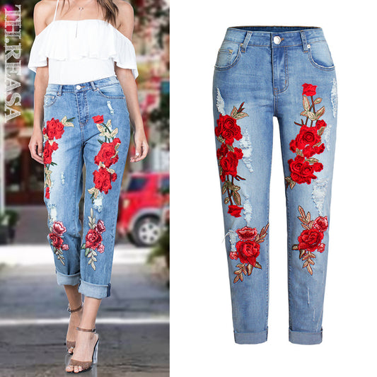 Women's Elastic Loose Rose Ripped Jeans