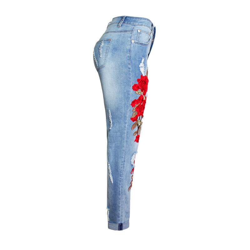 Women's Elastic Loose Rose Ripped Jeans