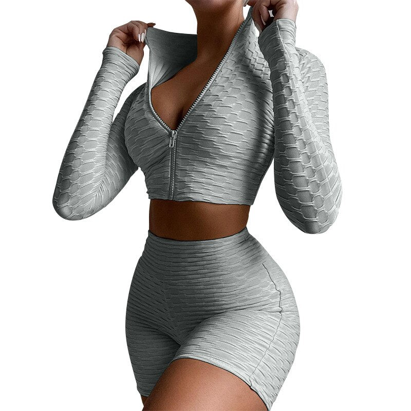 Women's Tight Solid Color Long Sleeve Leisure Sports Suit 2-Piece
