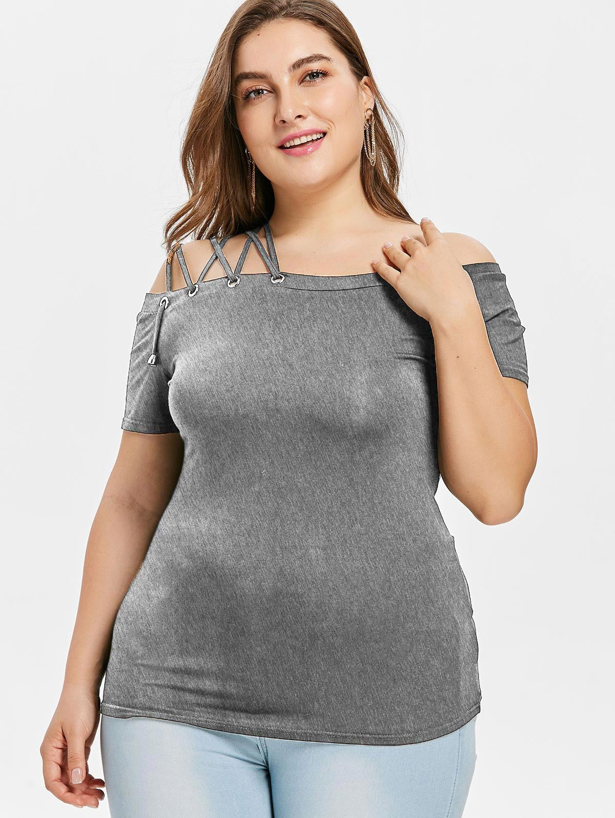 Plus Size Off The Shoulder Strappy Women T-shirt