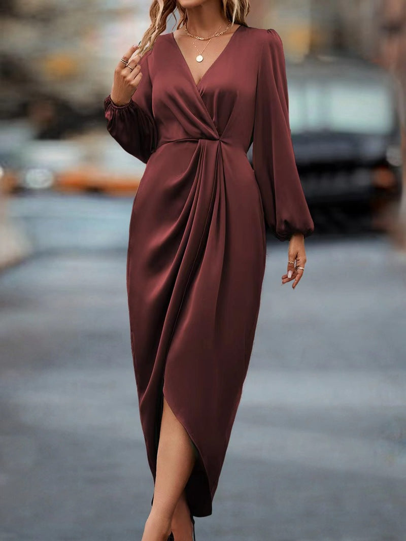 Waist-tight Split V-neck Dress Women