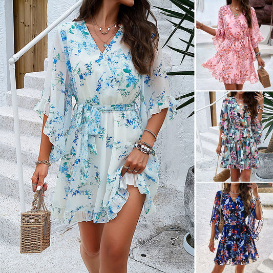 Summer Floral Print Short Sleeve Dress