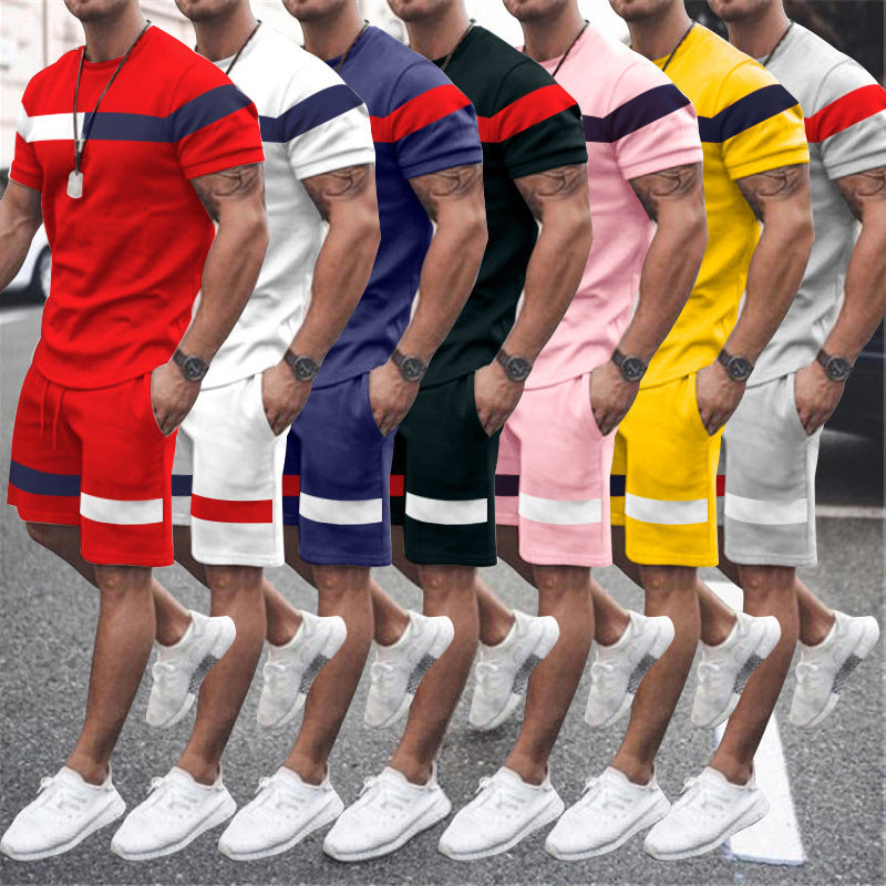 Men's Athletic Leisure Patchwork Short Sleeve Fitness Suit