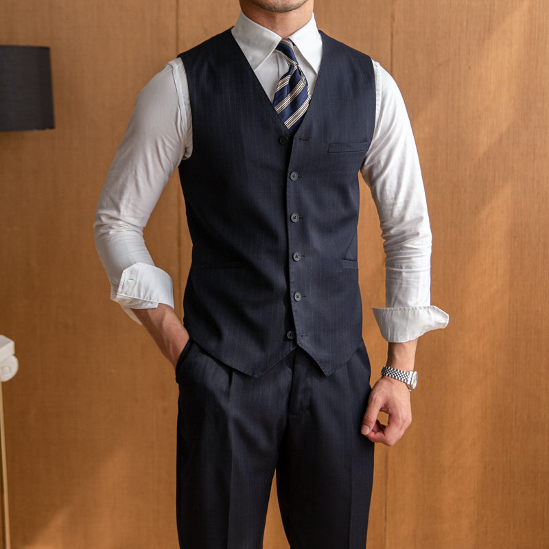 British Wool Striped Vest V-neck Slim Fit Suit