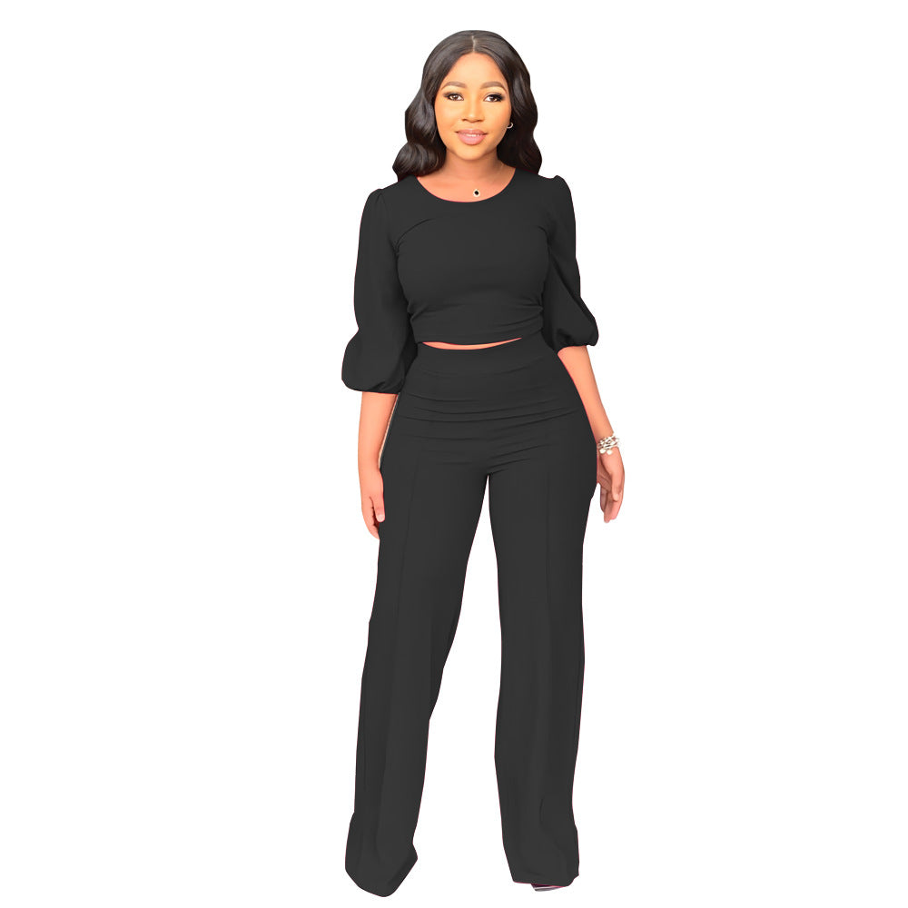 Solid Color Lantern Sleeve Top High Waist Straight Pants Two-piece Set