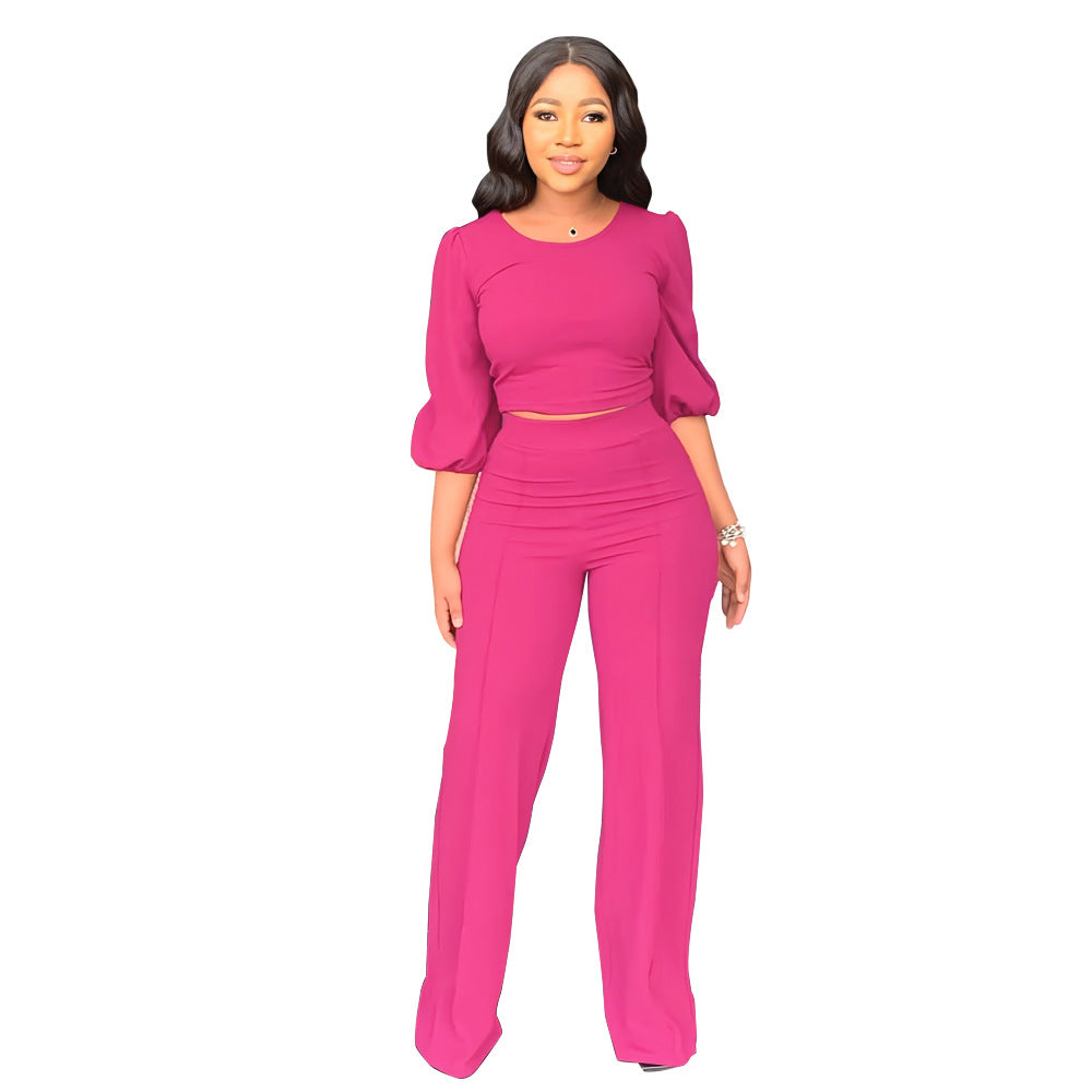 Solid Color Lantern Sleeve Top High Waist Straight Pants Two-piece Set