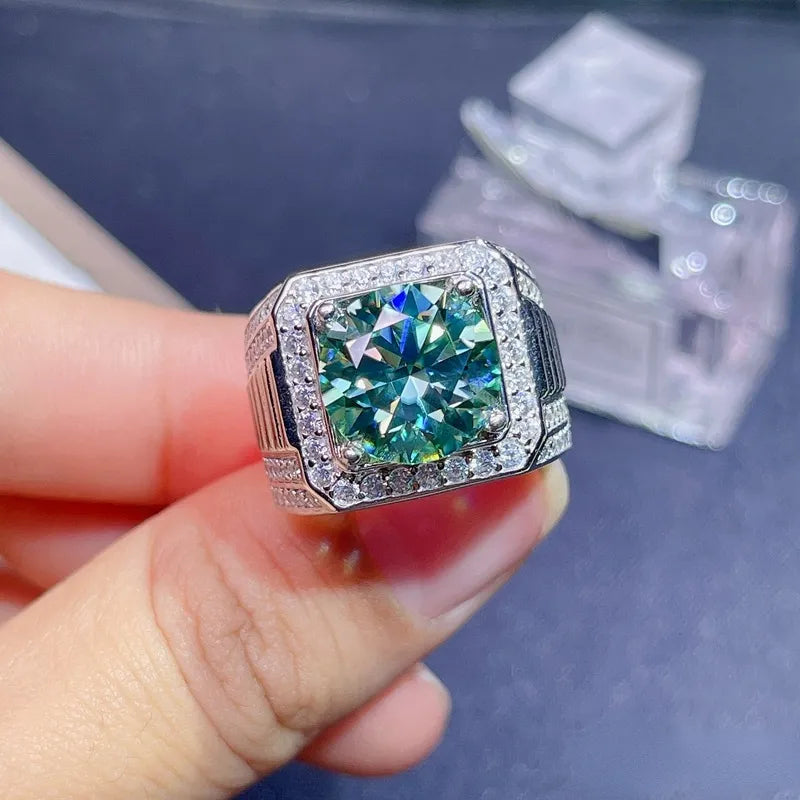 5ct green Moissanite Mens Ring 925 Silver Beautiful Firecolour Diamond Sub
